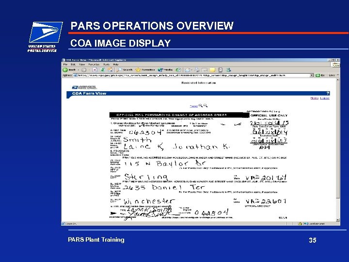 PARS OPERATIONS OVERVIEW COA IMAGE DISPLAY PARS Plant Training 35 