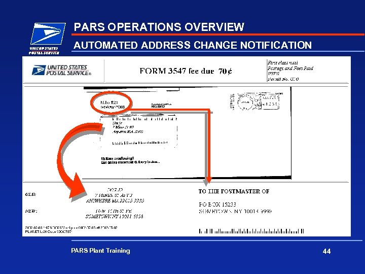 PARS OPERATIONS OVERVIEW AUTOMATED ADDRESS CHANGE NOTIFICATION PARS Plant Training 44 