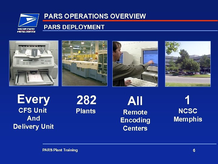 PARS OPERATIONS OVERVIEW PARS DEPLOYMENT Every CFS Unit And Delivery Unit 282 Plants PARS