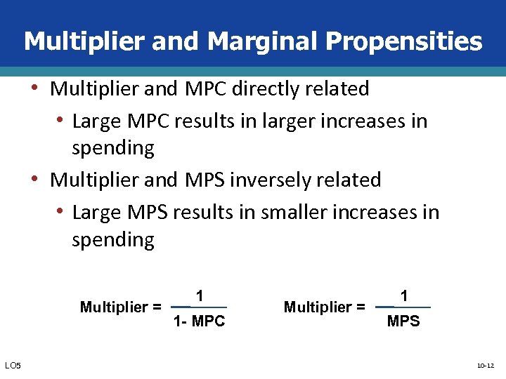 Multiplier and Marginal Propensities • Multiplier and MPC directly related • Large MPC results