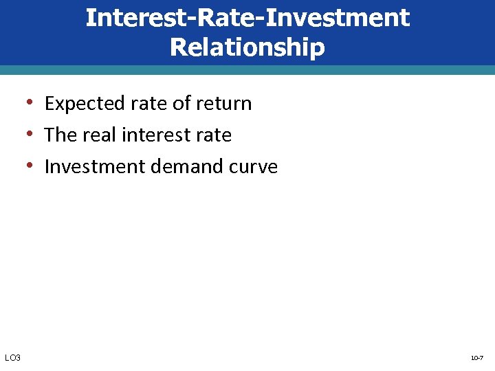 Interest-Rate-Investment Relationship • Expected rate of return • The real interest rate • Investment