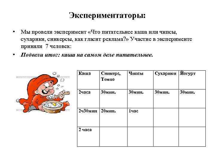 Экспериментаторы: • Мы провели эксперимент «Что питательнее каша или чипсы, сухарики, сникерсы, как гласит