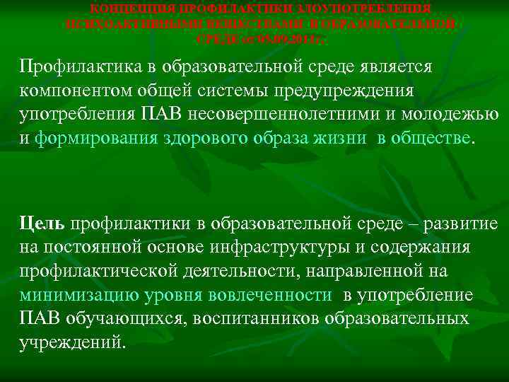 КОНЦЕПЦИЯ ПРОФИЛАКТИКИ ЗЛОУПОТРЕБЛЕНИЯ ПСИХОАКТИВНЫМИ ВЕЩЕСТВАМИ В ОБРАЗОВАТЕЛЬНОЙ СРЕДЕ от 05. 09. 2011 г. Профилактика