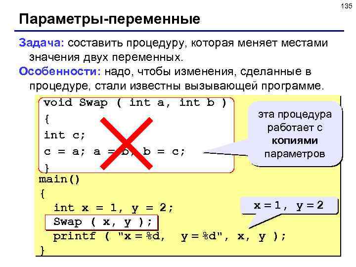 135 Параметры-переменные Задача: составить процедуру, которая меняет местами значения двух переменных. Особенности: надо, чтобы