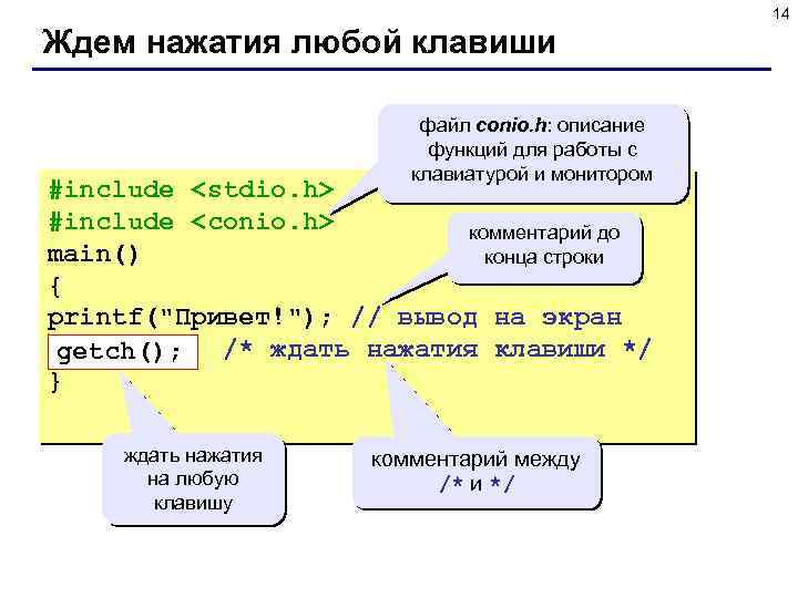 14 Ждем нажатия любой клавиши файл conio. h: описание функций для работы с клавиатурой