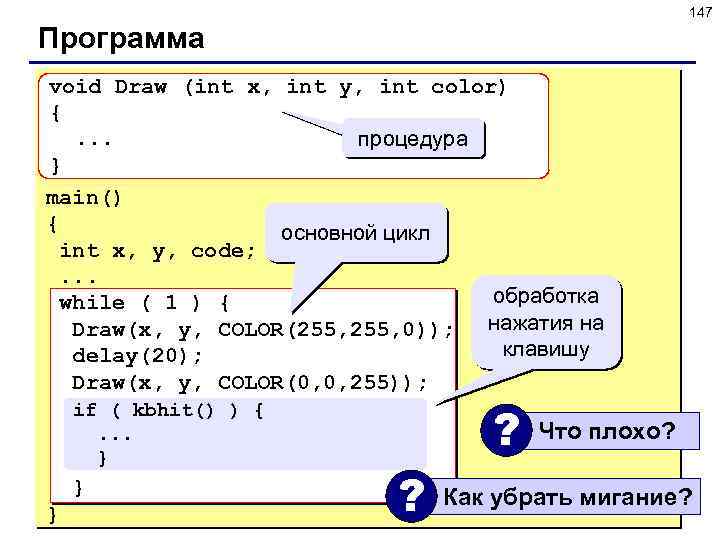 147 Программа void Draw (int x, int y, int color) {. . . процедура