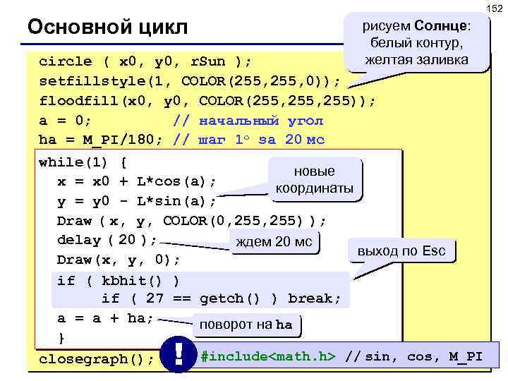 152 Основной цикл рисуем Солнце: белый контур, желтая заливка circle ( x 0, y