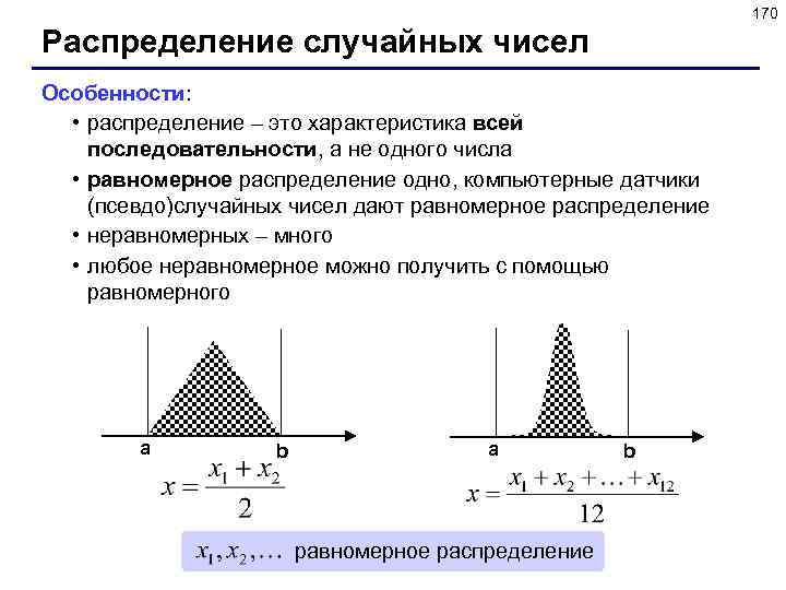 170 Распределение случайных чисел Особенности: • распределение – это характеристика всей последовательности, а не