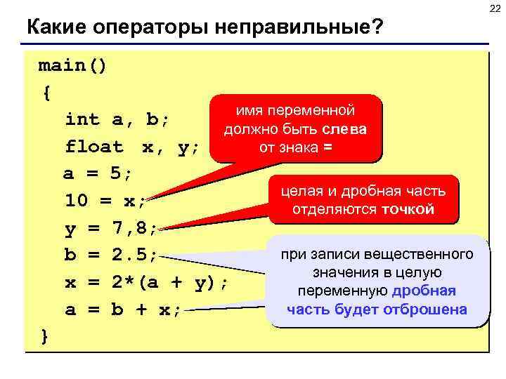 22 Какие операторы неправильные? main() { имя переменной int a, b; должно быть слева