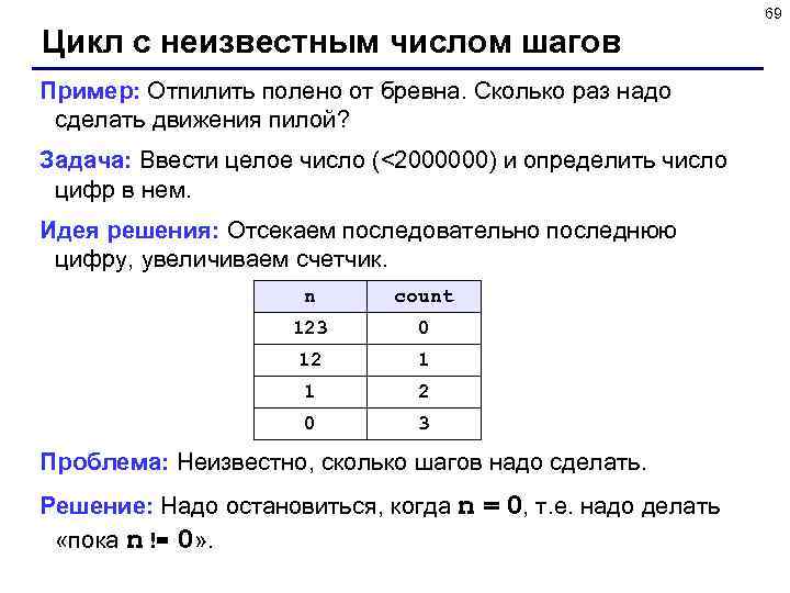 69 Цикл с неизвестным числом шагов Пример: Отпилить полено от бревна. Сколько раз надо