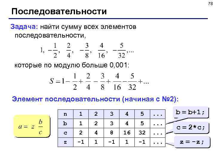 78 Последовательности Задача: найти сумму всех элементов последовательности, которые по модулю больше 0, 001: