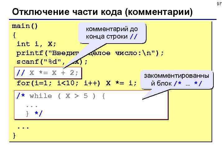 97 Отключение части кода (комментарии) main() комментарий до { конца строки // int i,