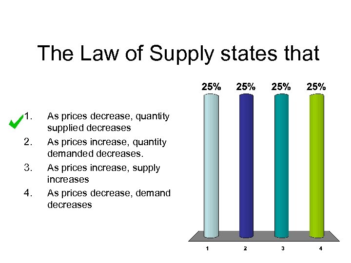 The Law of Supply states that 1. 2. 3. 4. As prices decrease, quantity