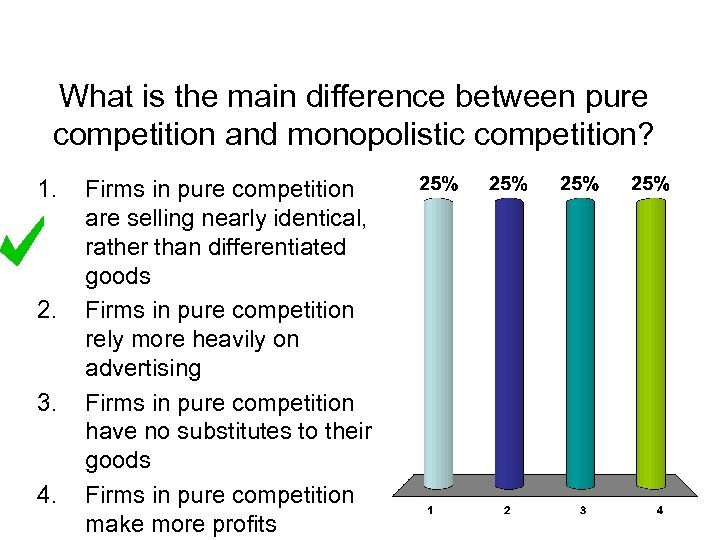 What is the main difference between pure competition and monopolistic competition? 1. 2. 3.