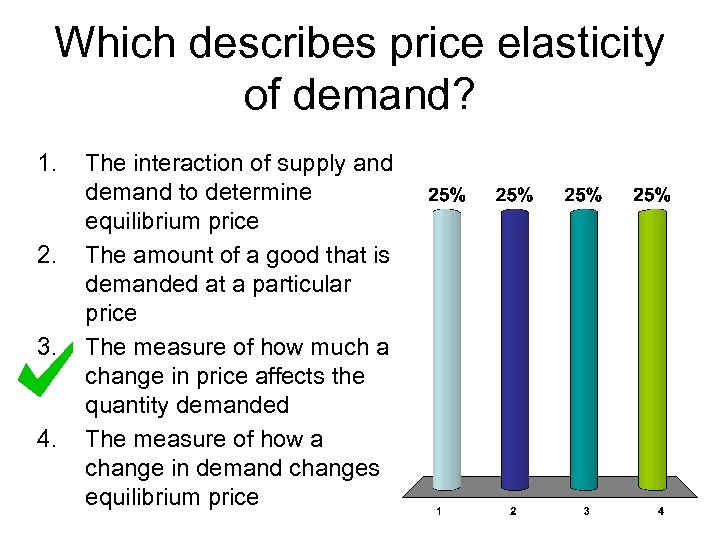 Which describes price elasticity of demand? 1. 2. 3. 4. The interaction of supply