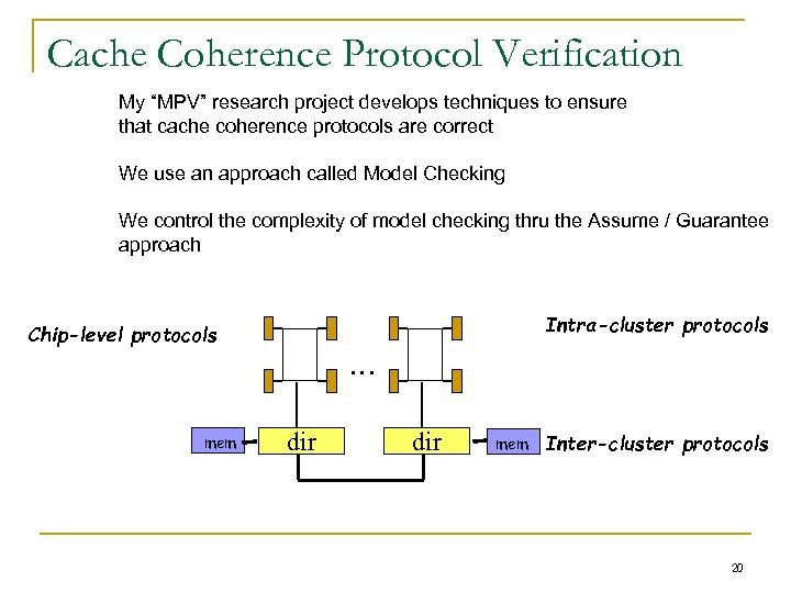 Cache Coherence Protocol Verification My “MPV” research project develops techniques to ensure that cache