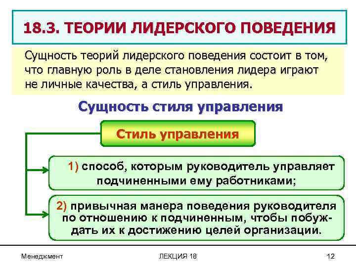 18. 3. ТЕОРИИ ЛИДЕРСКОГО ПОВЕДЕНИЯ Сущность теорий лидерского поведения состоит в том, что главную