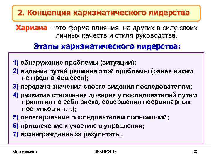 2. Концепция харизматического лидерства Харизма – это форма влияния на других в силу своих