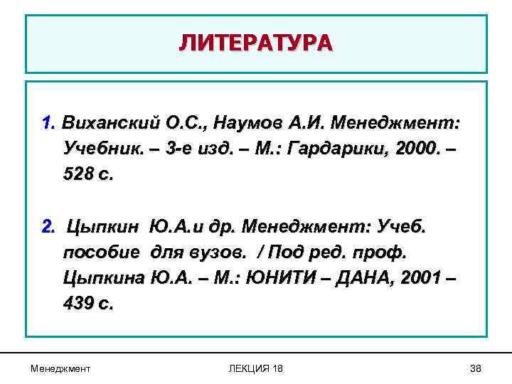 ЛИТЕРАТУРА 1. Виханский О. С. , Наумов А. И. Менеджмент: Учебник. – 3 -е