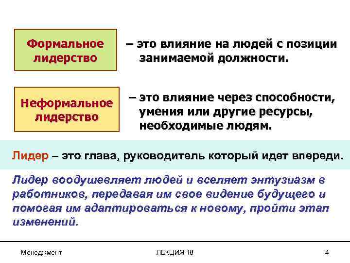 Формальное лидерство – это влияние на людей с позиции занимаемой должности. Неформальное лидерство –