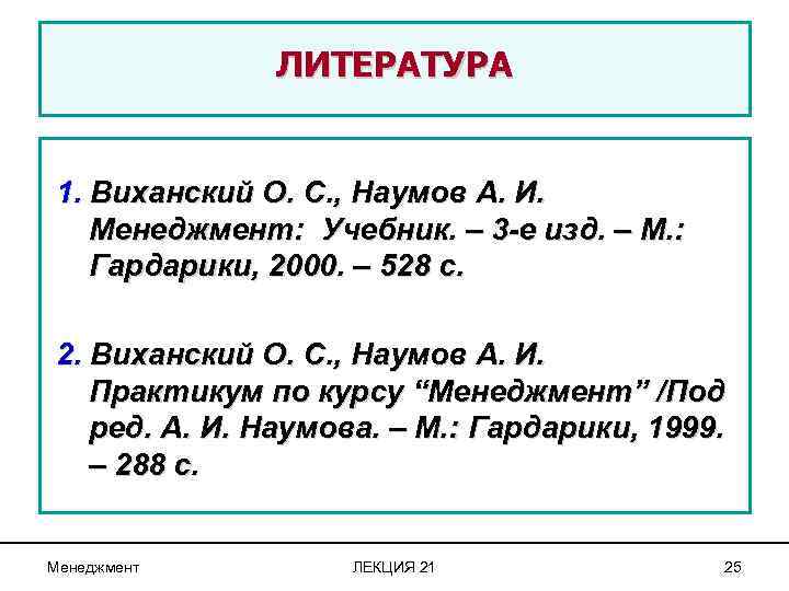 ЛИТЕРАТУРА 1. Виханский О. С. , Наумов А. И. Менеджмент: Учебник. – 3 -е