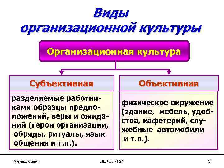 Виды организационной культуры Организационная культура Субъективная Объективная разделяемые работниками образцы предположений, веры и ожиданий