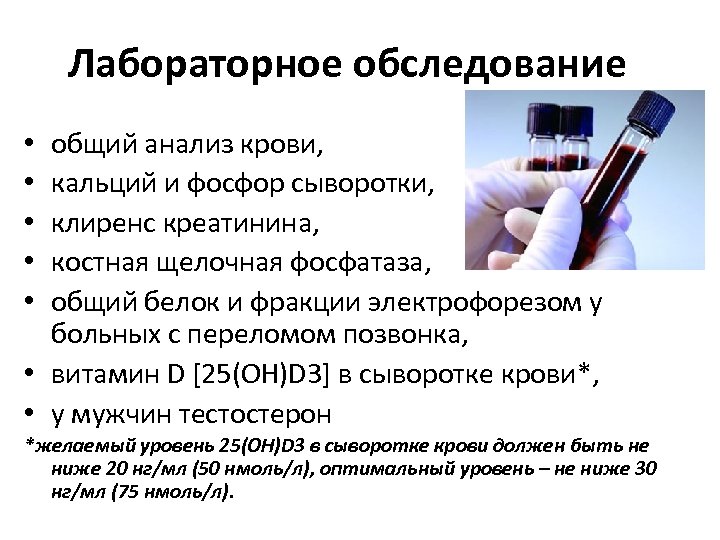 Лабораторное обследование общий анализ крови, кальций и фосфор сыворотки, клиренс креатинина, костная щелочная фосфатаза,