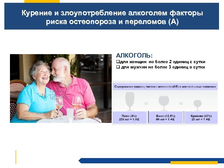 Курение и злоупотребление алкоголем факторы риска остеопороза и переломов (А) АЛКОГОЛЬ: qдля женщин не