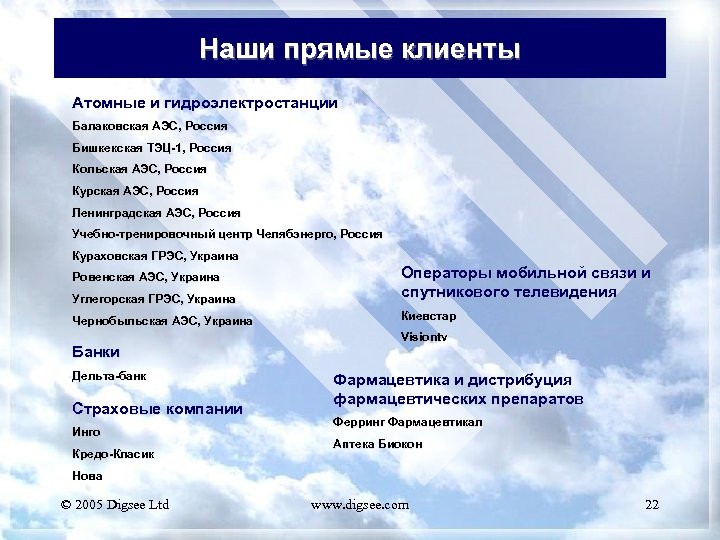 Наши прямые клиенты Атомные и гидроэлектростанции Балаковская АЭС, Россия Бишкекская ТЭЦ-1, Россия Кольская АЭС,