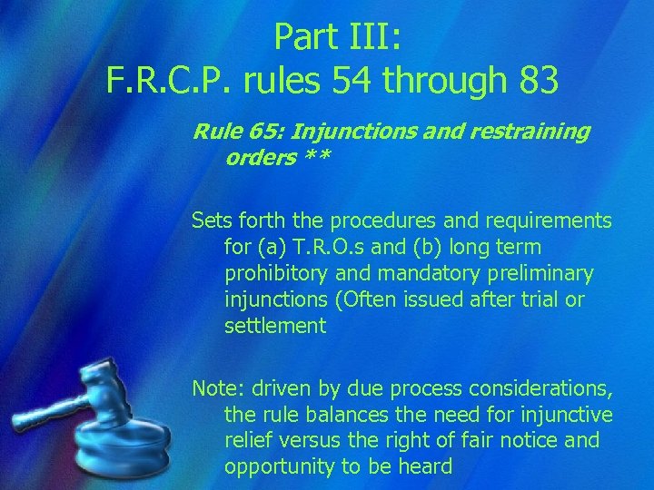 Part III: F. R. C. P. rules 54 through 83 Rule 65: Injunctions and