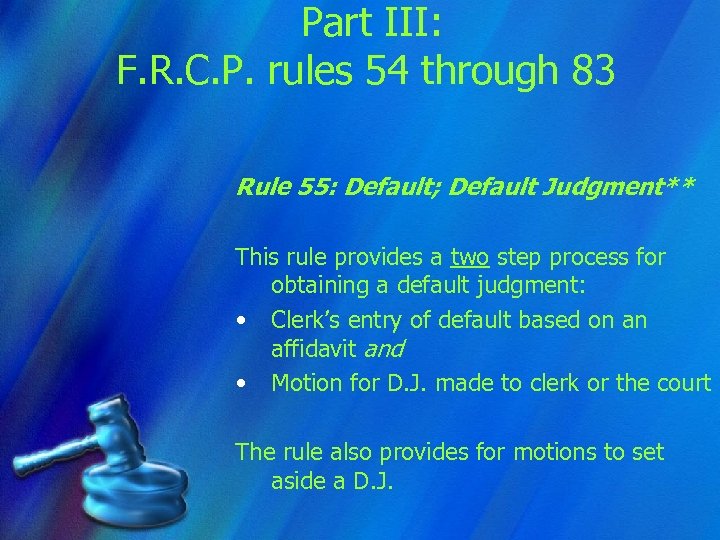 Part III: F. R. C. P. rules 54 through 83 Rule 55: Default; Default
