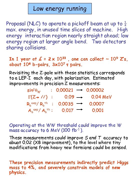 Low energy running Proposal (NLC) to operate a pickoff beam at up to ½