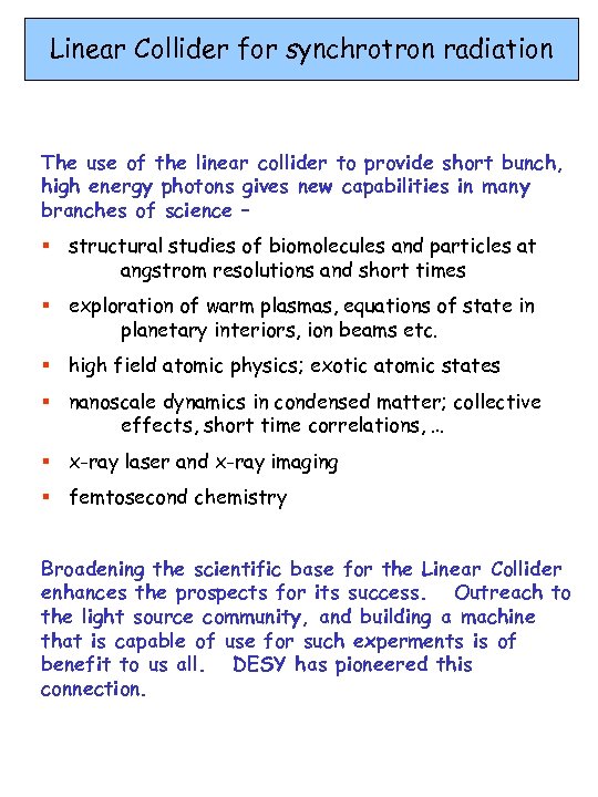 Linear Collider for synchrotron radiation The use of the linear collider to provide short