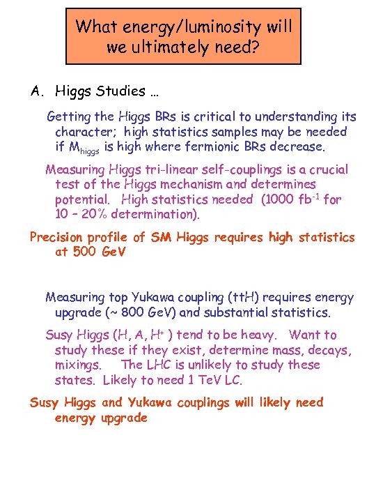 What energy/luminosity will we ultimately need? A. Higgs Studies … Getting the Higgs BRs