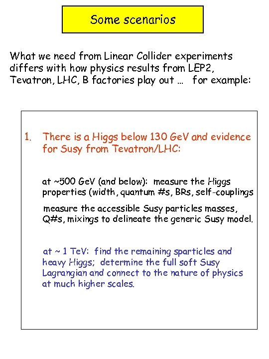 Some scenarios What we need from Linear Collider experiments differs with how physics results