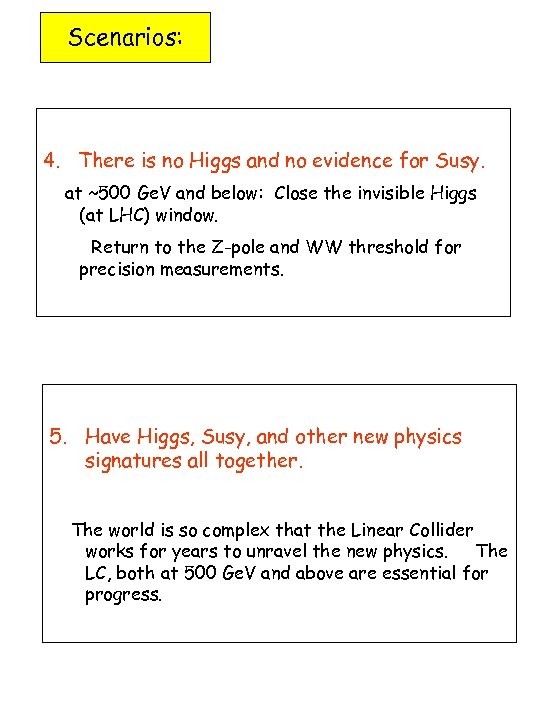 Scenarios: 4. There is no Higgs and no evidence for Susy. at ~500 Ge.