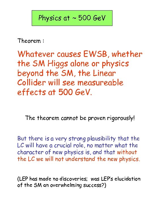 Physics at ~ 500 Ge. V Theorem : Whatever causes EWSB, whether the SM