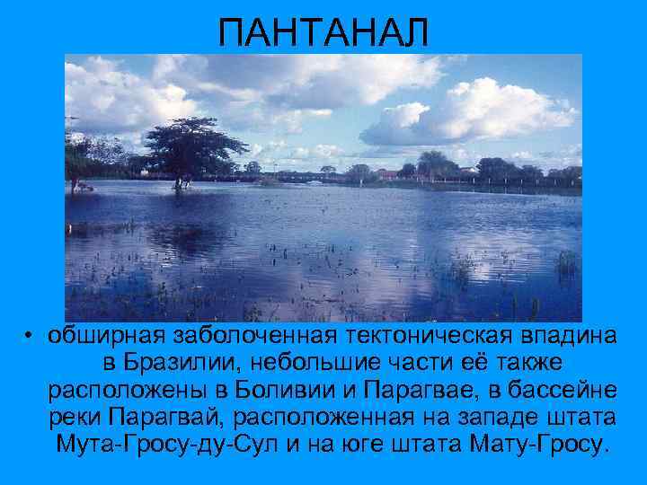 ПАНТАНАЛ • обширная заболоченная тектоническая впадина в Бразилии, небольшие части её также расположены в