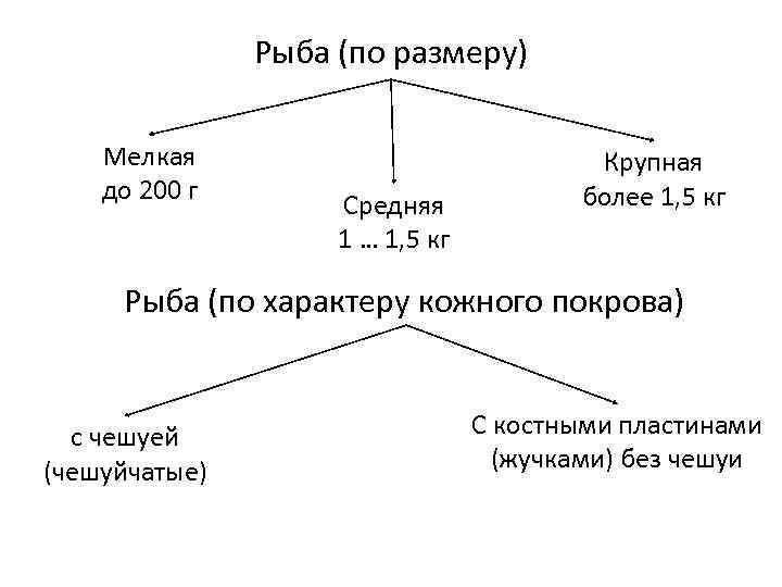 Рыба (по размеру) Мелкая до 200 г Средняя 1 … 1, 5 кг Крупная