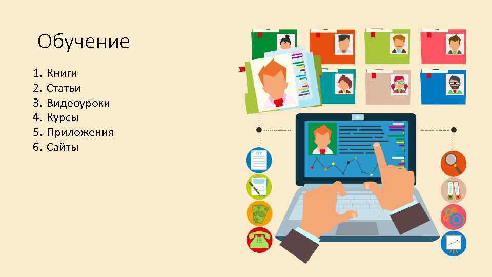 Обучение 1. 2. 3. 4. 5. 6. Книги Статьи Видеоуроки Курсы Приложения Сайты 