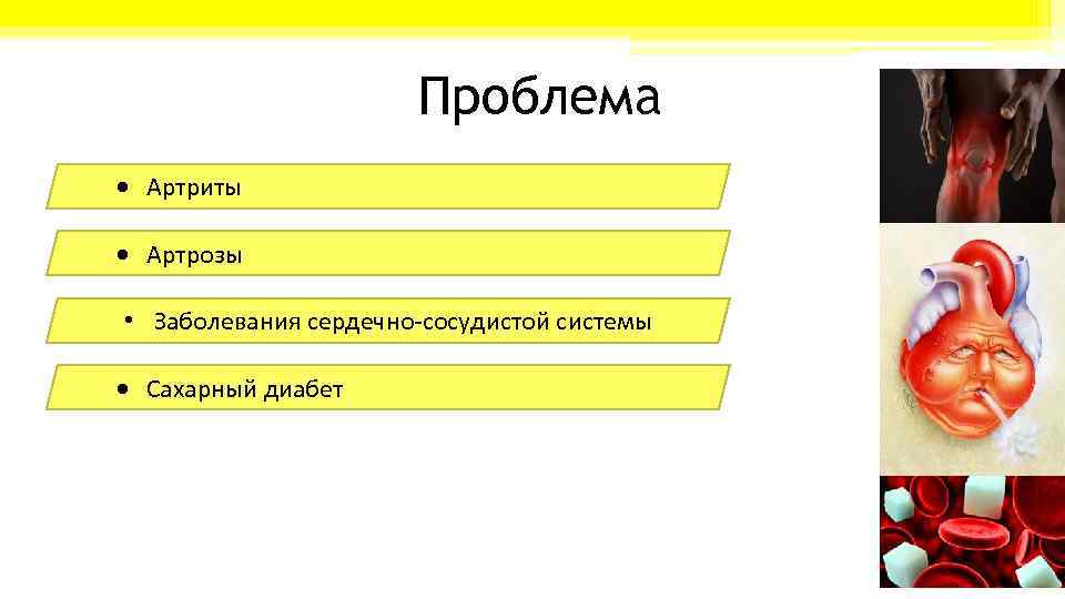 Проблема Артриты Артрозы • Заболевания сердечно-сосудистой системы Сахарный диабет 