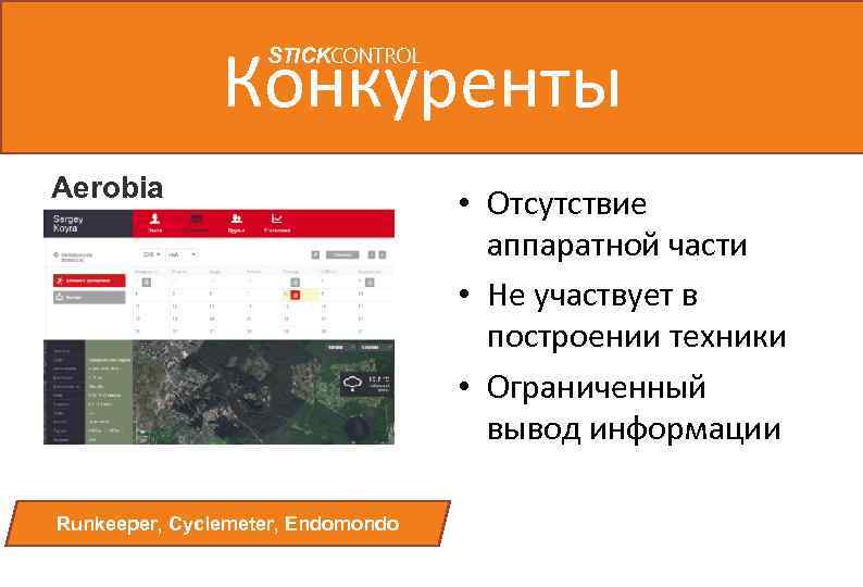 Конкуренты STICKCONTROL Aerobia Runkeeper, Cyclemeter, Endomondo • Отсутствие аппаратной части • Не участвует в