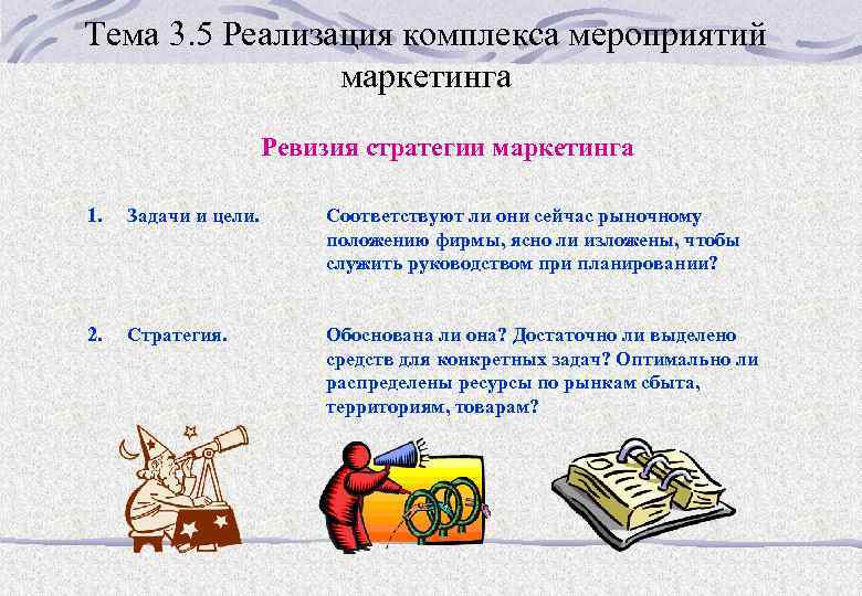 Тема 3. 5 Реализация комплекса мероприятий маркетинга Ревизия стратегии маркетинга 1. Задачи и цели.