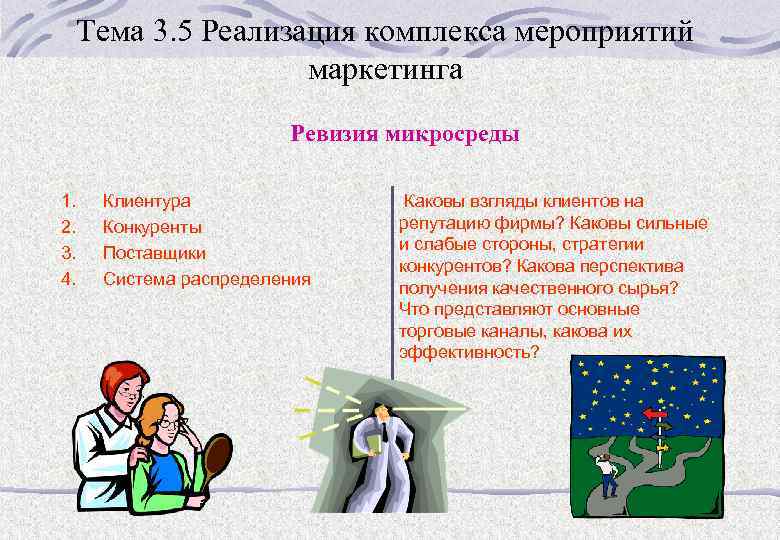 Тема 3. 5 Реализация комплекса мероприятий маркетинга Ревизия микросреды 1. 2. 3. 4. Клиентура