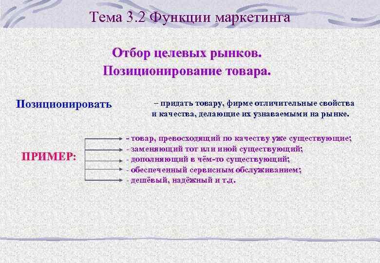 Тема 3. 2 Функции маркетинга Отбор целевых рынков. Позиционирование товара. Позиционировать ПРИМЕР: – придать