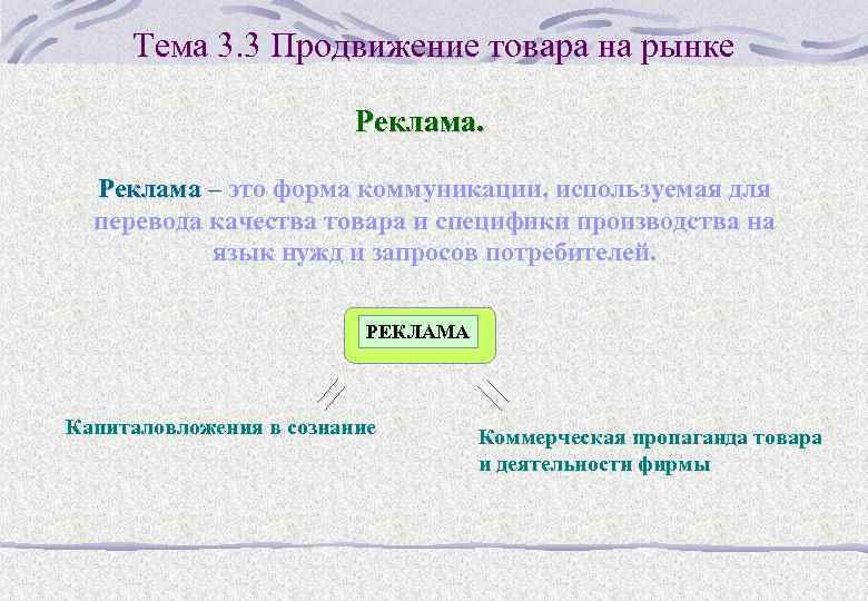 Тема 3. 3 Продвижение товара на рынке Реклама – это форма коммуникации, используемая для