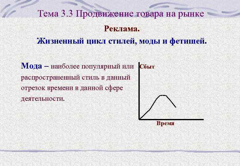 Тема 3. 3 Продвижение товара на рынке Реклама. Жизненный цикл стилей, моды и фетишей.