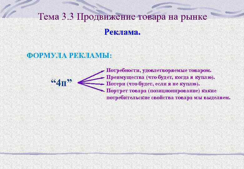 Тема 3. 3 Продвижение товара на рынке Реклама. ФОРМУЛА РЕКЛАМЫ: “ 4 п” Потребности,