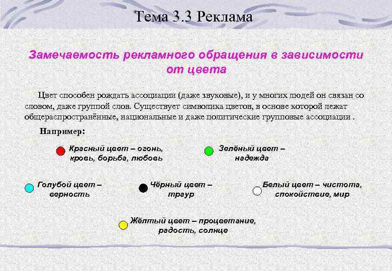 Тема 3. 3 Реклама Замечаемость рекламного обращения в зависимости от цвета Цвет способен рождать