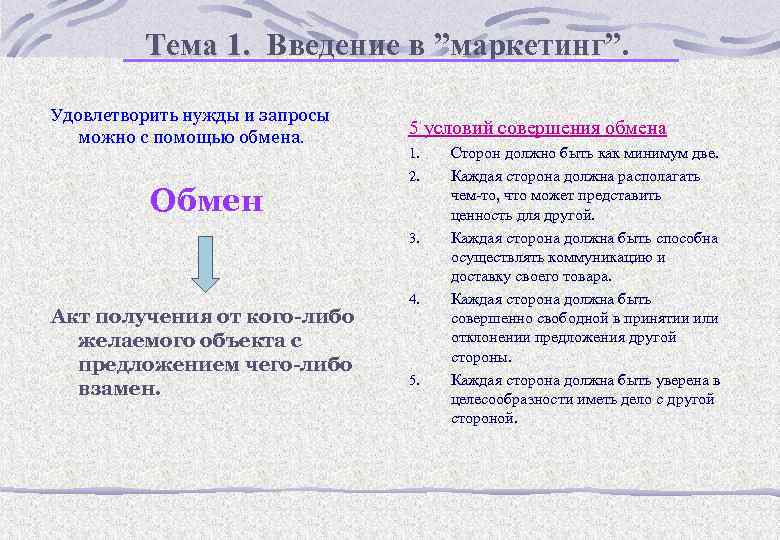 Тема 1. Введение в ”маркетинг”. Удовлетворить нужды и запросы можно с помощью обмена. Обмен